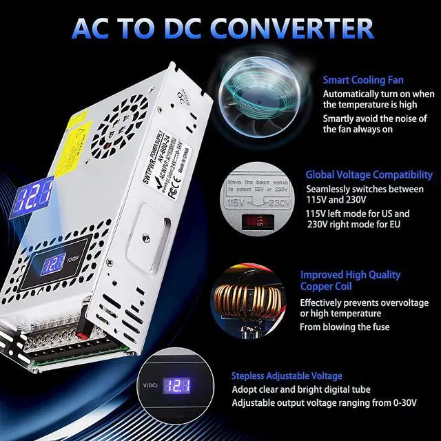 Alt view image 4 of 5 - SWTPWR Variable Power Supply DC 0-24V 600W with LED Display 24V Power Supply Adjustable AC to DC Converter 110V to 24V Designed for LED Light Car Stereo Electronics Equipment (24V-25A-600W, 24V)