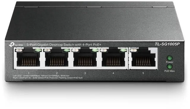 Main image of TP-Link TL-SG1005P, 5 Port Gigabit PoE Switch, 4 PoE+ Ports @65W, Desktop, Plug & Play, Sturdy Metal w/ Shielded Ports, Fanless, QoS & IGMP Snooping