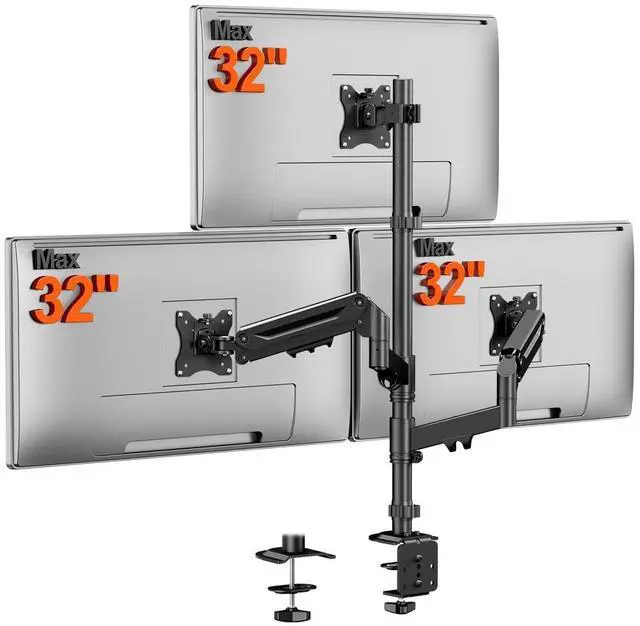 Main image of Triple Monitor Mount for up to 32-inch Screens, Heavy Duty 3 Monitor Desk Mount with Gas Spring Arms, Fully Adjustable Tilt Swivel Rotation, Holds 19.8 lbs per Arm, VESA 75x75/100x100mm, Black