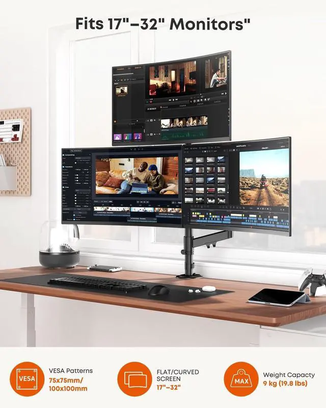 Alt view image 2 of 5 - Triple Monitor Mount for up to 32-inch Screens, Heavy Duty 3 Monitor Desk Mount with Gas Spring Arms, Fully Adjustable Tilt Swivel Rotation, Holds 19.8 lbs per Arm, VESA 75x75/100x100mm, Black