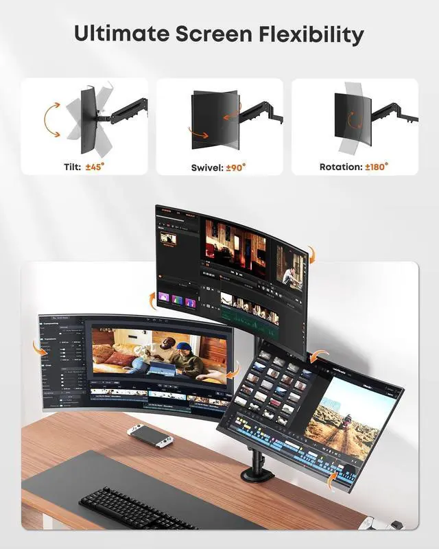 Alt view image 3 of 5 - Triple Monitor Mount for up to 32-inch Screens, Heavy Duty 3 Monitor Desk Mount with Gas Spring Arms, Fully Adjustable Tilt Swivel Rotation, Holds 19.8 lbs per Arm, VESA 75x75/100x100mm, Black