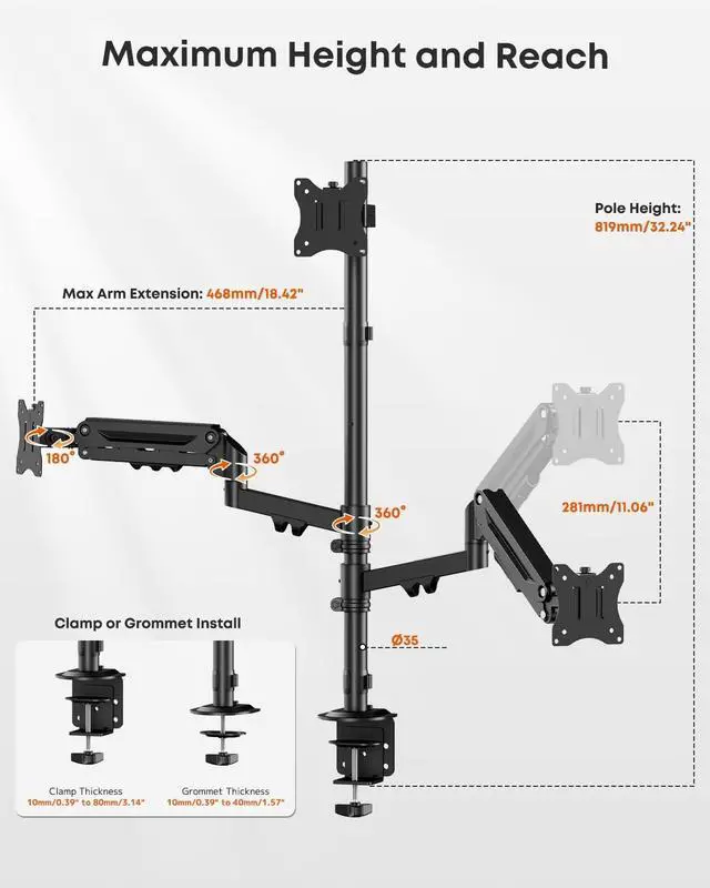 Alt view image 5 of 5 - Triple Monitor Mount for up to 32-inch Screens, Heavy Duty 3 Monitor Desk Mount with Gas Spring Arms, Fully Adjustable Tilt Swivel Rotation, Holds 19.8 lbs per Arm, VESA 75x75/100x100mm, Black