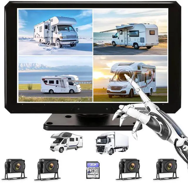 Main image of 10,36-Inch 4-Channel 128GB Large Audio Screen 1080P Backup Camera Monitor & Built-in DVR Video Recorder for RV Truck Trailer Rear Side Front Reversing View Wired System Image Waterproof