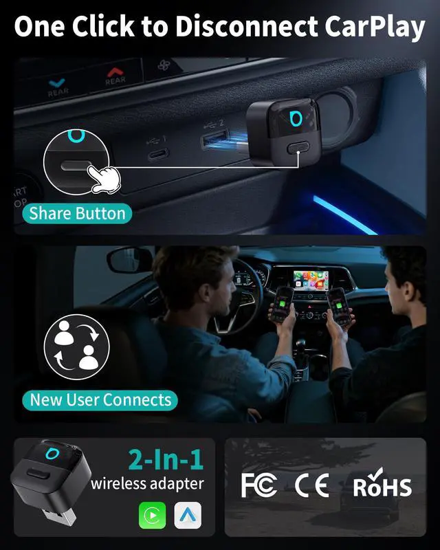 Alt view image 4 of 5 - OTTOCAST Mini Pico 2-in-1 Wireless CarPlay & Android Auto Adapter 2026, Plug & Play Dongle for iPhone & Android,Auto Connect,Wi-Fi 6 & Bluetooth 5.4,One-Tap Disconnect & Easy Switch, Small & Fa