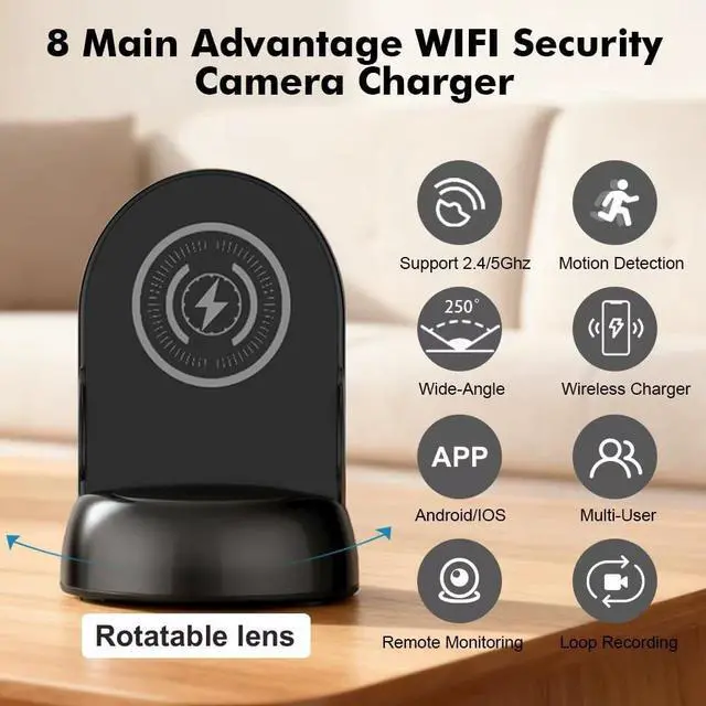 Alt view image 2 of 5 - Vaelthyr Security Camera WiFi Wireless Phone Charger, Security Cam Motion Activated,HD1080P(Rotate Lens) with 250Viewing Angle, camaras espias ocultas for Home Office Security(2.4/5G)