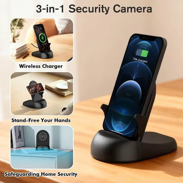 Alt view image 3 of 5 - Vaelthyr Security Camera WiFi Wireless Phone Charger, Security Cam Motion Activated,HD1080P(Rotate Lens) with 250Viewing Angle, camaras espias ocultas for Home Office Security(2.4/5G)