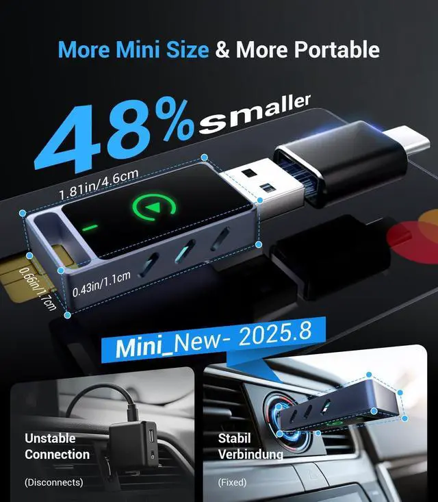 Alt view image 3 of 5 - 2025 Wireless CarPlay Adapter for iPhone 30ms Latency Wired to Wireless for Apple CarPlay Wireless Adapter 3S Connection Adaptable to iOS10+ Version & Cars from 2015+ Mini Size Ca