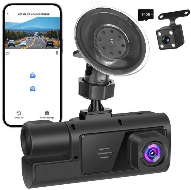 Main image of 3 Channel Dash Camera Front and Rear Inside, 1080P HD Dash Cam with 64GB Card, Triple DVR Dash Camera with APP Control, 2IPS Screen, Night Vision, Loop Recording, Motion Detection, Reversing Image