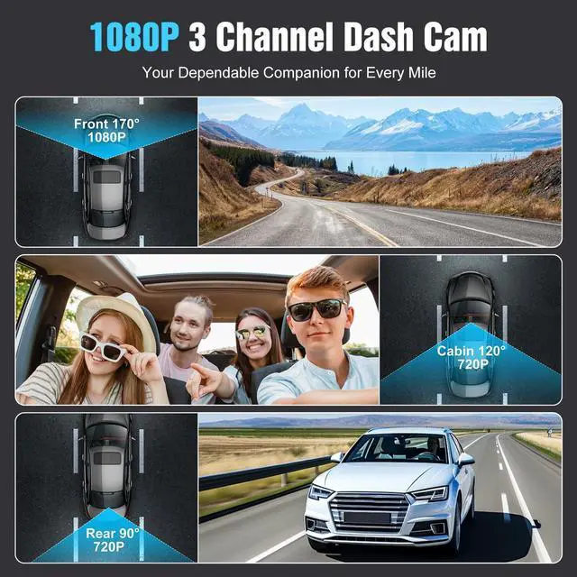Alt view image 3 of 5 - 3 Channel Dash Camera Front and Rear Inside, 1080P HD Dash Cam with 64GB Card, Triple DVR Dash Camera with APP Control, 2IPS Screen, Night Vision, Loop Recording, Motion Detection, Reversing Image