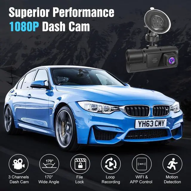 Alt view image 2 of 5 - 3 Channel Dash Camera Front and Rear Inside, 1080P HD Dash Cam with 64GB Card, Triple DVR Dash Camera with APP Control, 2IPS Screen, Night Vision, Loop Recording, Motion Detection, Reversing Image
