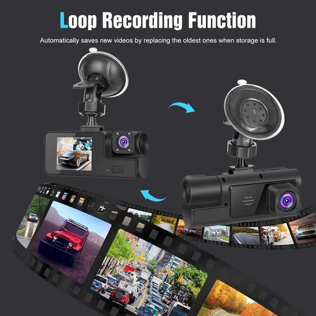 Alt view image 4 of 5 - 3 Channel Dash Camera Front and Rear Inside, 1080P HD Dash Cam with 64GB Card, Triple DVR Dash Camera with APP Control, 2IPS Screen, Night Vision, Loop Recording, Motion Detection, Reversing Image