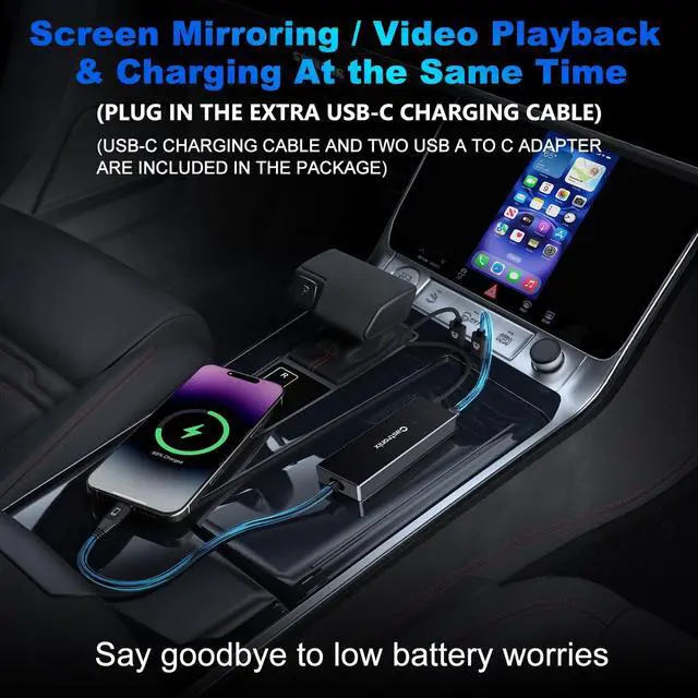 Alt view image 4 of 5 - Castronix 4-in-1 Wireless CarPlay Adapter for iPhone 15/16/17 & Newer, Wired Video Streaming, Screen Mirroring, Two-Way Control & Charging, Plug & Play for Factory Wired CarPlay (Gray)