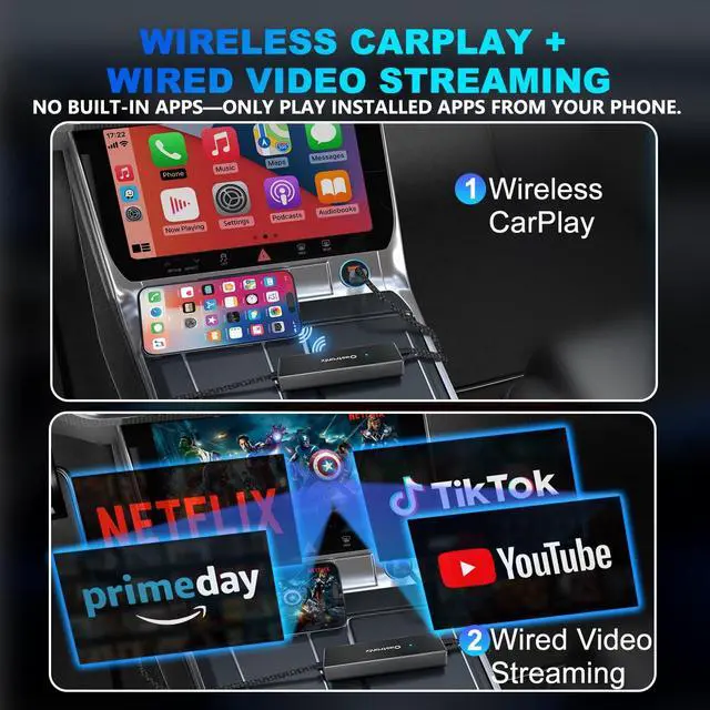 Alt view image 3 of 5 - Castronix 4-in-1 Wireless CarPlay Adapter for iPhone 15/16/17 & Newer, Wired Video Streaming, Screen Mirroring, Two-Way Control & Charging, Plug & Play for Factory Wired CarPlay (Gray)