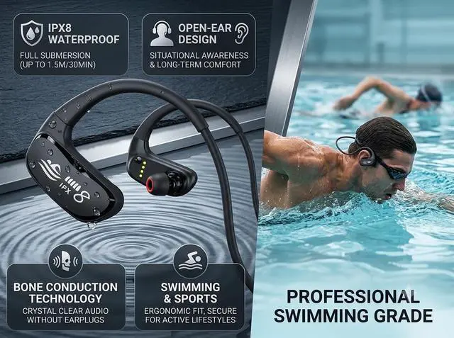 Alt view image 2 of 5 - Swimming Headphones Open-Ear Wireless Bluetooth Headphones, Waterproof Bone Conduction Headset for Swimming, Gym, Cycling, Running, and Outdoor Sports, Black