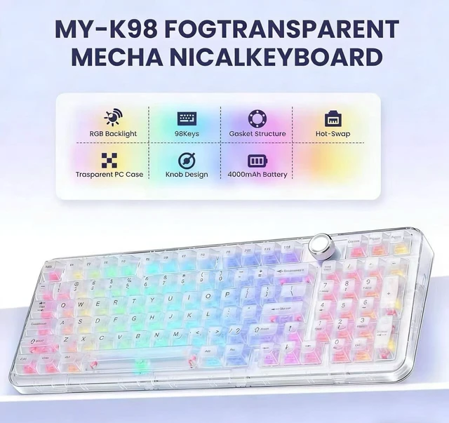Alt view image 3 of 5 - MMViCTY 98Key HotSwappable Mechanical Keyboard with Knob, MyK98 TriMode Bluetooth 5.0/2.5G/USBC Wireless Gaming Keyboard, RGB Backlit Frosted Crystal Shell for PC/Mac