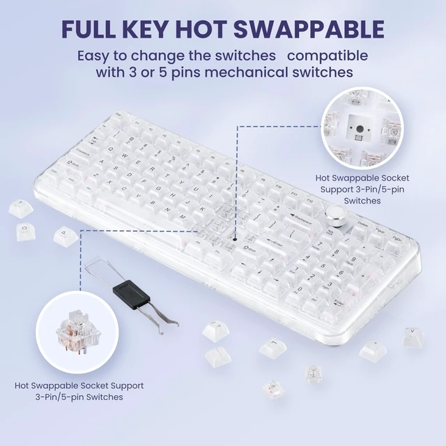 Alt view image 5 of 5 - MMViCTY 98Key HotSwappable Mechanical Keyboard with Knob, MyK98 TriMode Bluetooth 5.0/2.5G/USBC Wireless Gaming Keyboard, RGB Backlit Frosted Crystal Shell for PC/Mac
