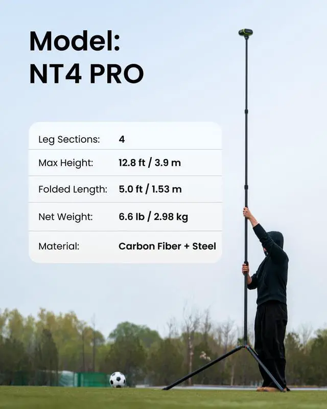 Alt view image 2 of 5 - XbotGo NT4 PRO Carbon Fiber Tripod - Professional 12.8ft / 3.9m Extra Tall Sport Camera Stand with Air-Cushioned Center Column, Steady Horseshoe Foot Pads for Game Recording, Seamlessly Fits Falcon