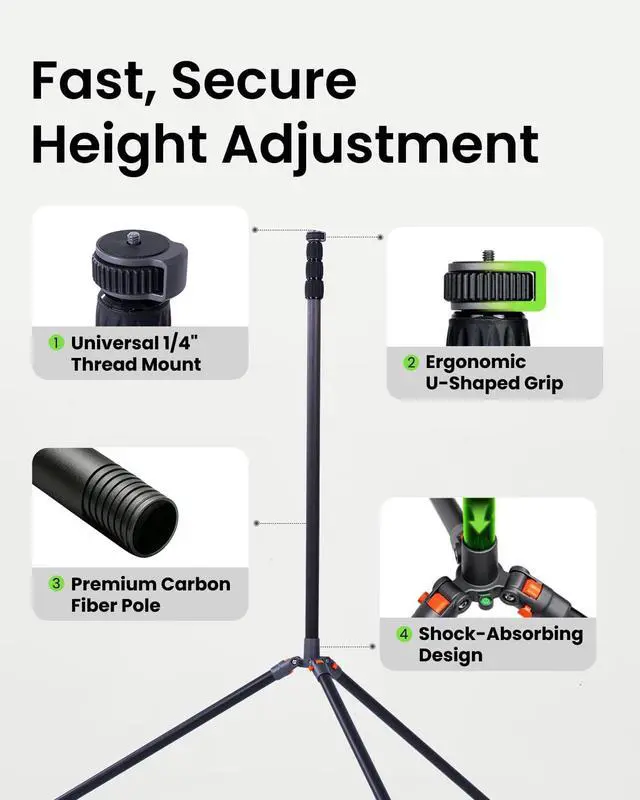 Alt view image 3 of 5 - XbotGo NT4 PRO Carbon Fiber Tripod - Professional 12.8ft / 3.9m Extra Tall Sport Camera Stand with Air-Cushioned Center Column, Steady Horseshoe Foot Pads for Game Recording, Seamlessly Fits Falcon