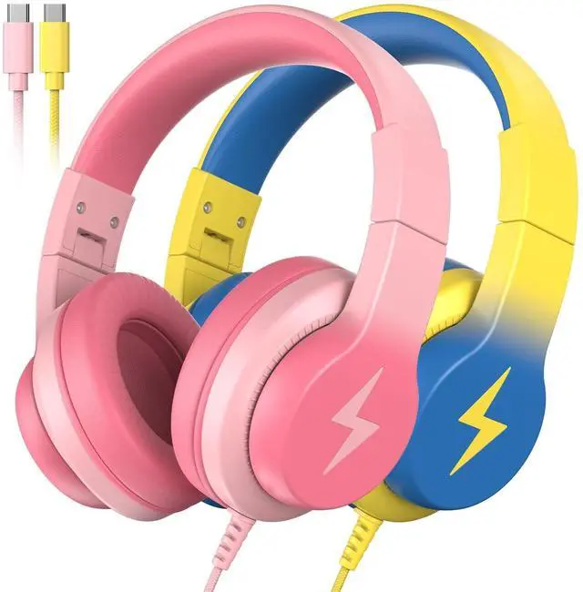 Main image of Wired Kids Headphones for School 2 Pack,USB Type C Headphones for Kids, 85dB Safe Volume, HD Stereo Sound,Comfortable Fit, Adjustable &Foldable, Ideal for School/ Travel(Gradient Pink+Light Yellow)