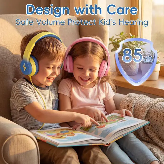 Alt view image 3 of 5 - Wired Kids Headphones for School 2 Pack,USB Type C Headphones for Kids, 85dB Safe Volume, HD Stereo Sound,Comfortable Fit, Adjustable &Foldable, Ideal for School/ Travel(Gradient Pink+Light Yellow)
