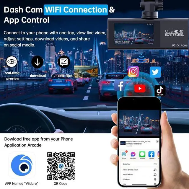Alt view image 2 of 5 - 4K Dash Cam Front, WiFi Dash Camera for Cars, Mini Dashcam with Super Night Vision,1.97 Inch Screen, Loop Recording, G-Sensor, WDR, Parking Monitor, 64GB Card Included (4K Mini Dash Cam)