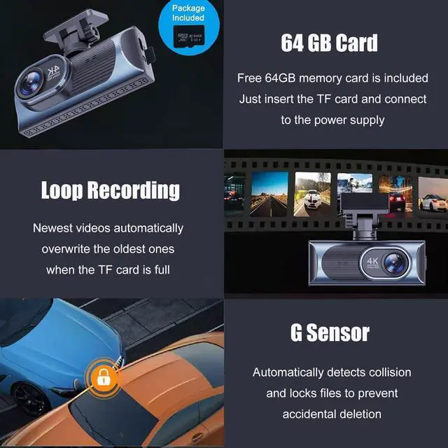 Alt view image 5 of 5 - 4K Dash Cam Front, WiFi Dash Camera for Cars, Mini Dashcam with Super Night Vision,1.97 Inch Screen, Loop Recording, G-Sensor, WDR, Parking Monitor, 64GB Card Included (4K Mini Dash Cam)
