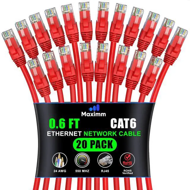 Main image of Maximm Cat6 Ethernet Cable 0.6 Ft Red (20-Pack), 10Gbps 550MHz UTP Cord
