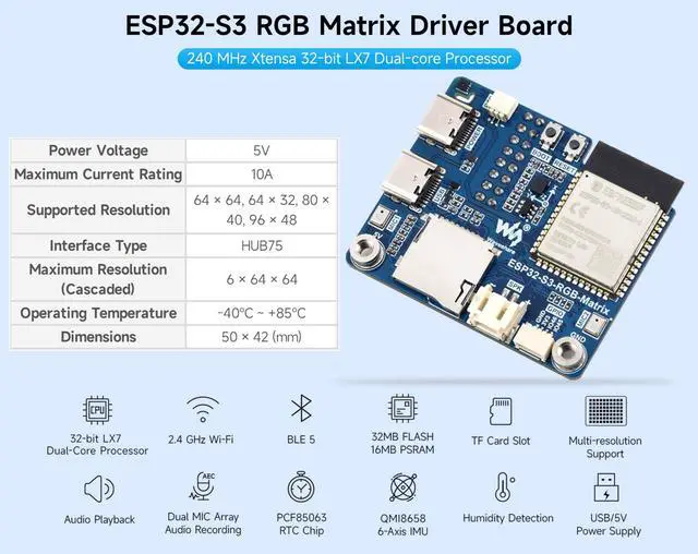 Alt view image 2 of 5 - ESP32-S3 RGB Matrix Driver Board,Onboard Dual Microphones Array, Support 2.4 GHz Wi-Fi and Bluetooth 5 (BLE), AI Voice Interaction, Support Driving Multiple LED Matrix Panels