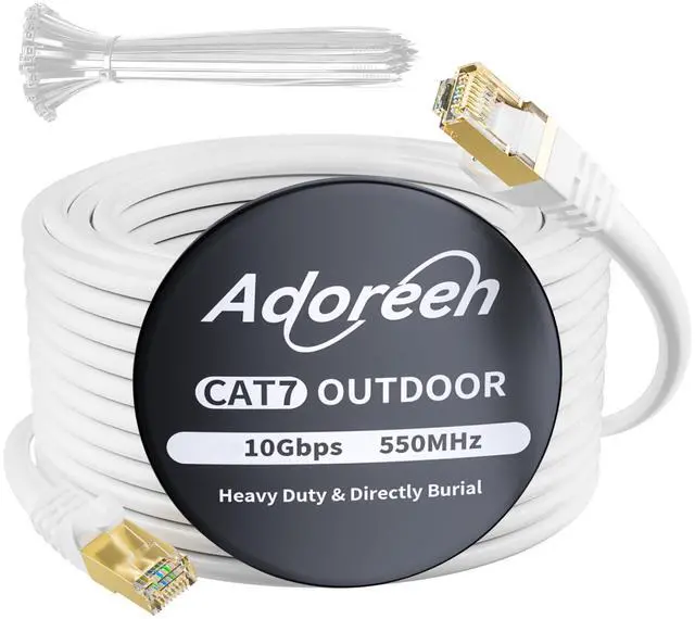 Main image of Adoreen Cat 6E Cat 7 Outdoor Ethernet Cable 250 FT White, High Speed Shielded Network Cable, S/FTP, POE, 26AWG OFC, Heavy-Duty Waterproof Direct Burial Cat 6A Internet Cable RJ45 LAN Cord+Ties-WH