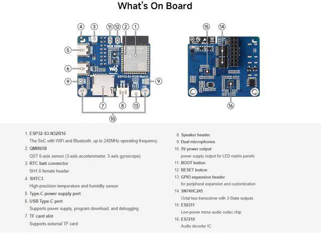 Alt view image 5 of 5 - ESP32-S3 RGB Matrix Driver Board,Onboard Dual Microphones Array, Support 2.4 GHz Wi-Fi and Bluetooth 5 (BLE), AI Voice Interaction, Support Driving Multiple LED Matrix Panels
