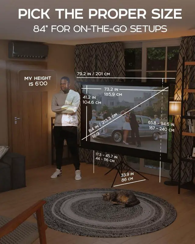 Alt view image 3 of 5 - PropVue Projector Screen with Stand 84" - Indoor & Outdoor Projection Screen for Movie or Office Presentation - 16:9 HD Premium Wrinkle-Free Tripod Screen for Projector with Carry Bag & Tight Strap