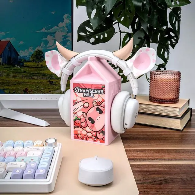 Alt view image 2 of 5 - BeamTeam3D Cow Ears and Horns for Headphones, Cute & Fun Decorative Add-Ons for Gaming Headsets, Kids School Headphones, Compatible with Most Headphones (White/Pastel Pink/Pastel Pink)