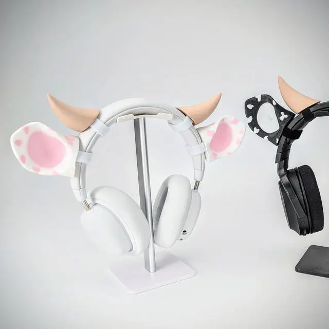 Alt view image 3 of 5 - BeamTeam3D Cow Ears and Horns for Headphones, Cute & Fun Decorative Add-Ons for Gaming Headsets, Kids School Headphones, Compatible with Most Headphones (White/Pastel Pink/Pastel Pink)