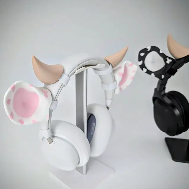 Alt view image 4 of 5 - BeamTeam3D Cow Ears and Horns for Headphones, Cute & Fun Decorative Add-Ons for Gaming Headsets, Kids School Headphones, Compatible with Most Headphones (White/Pastel Pink/Pastel Pink)
