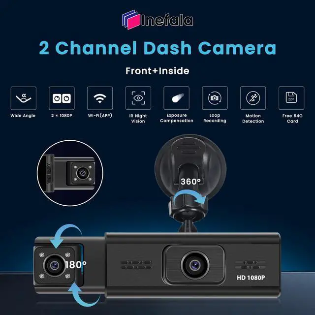 Alt view image 2 of 5 - Inefala Dual Channel Dash Camera, Car Cam FHD 1080P Front and Inside Dash Cam with 64GB Card, Built-in WiFi/APP, Loop Recording, Motion Detection, Exposure Adjustment, Screen Saver