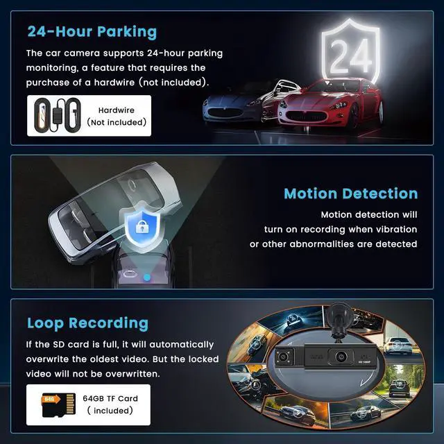 Alt view image 4 of 5 - Inefala Dual Channel Dash Camera, Car Cam FHD 1080P Front and Inside Dash Cam with 64GB Card, Built-in WiFi/APP, Loop Recording, Motion Detection, Exposure Adjustment, Screen Saver