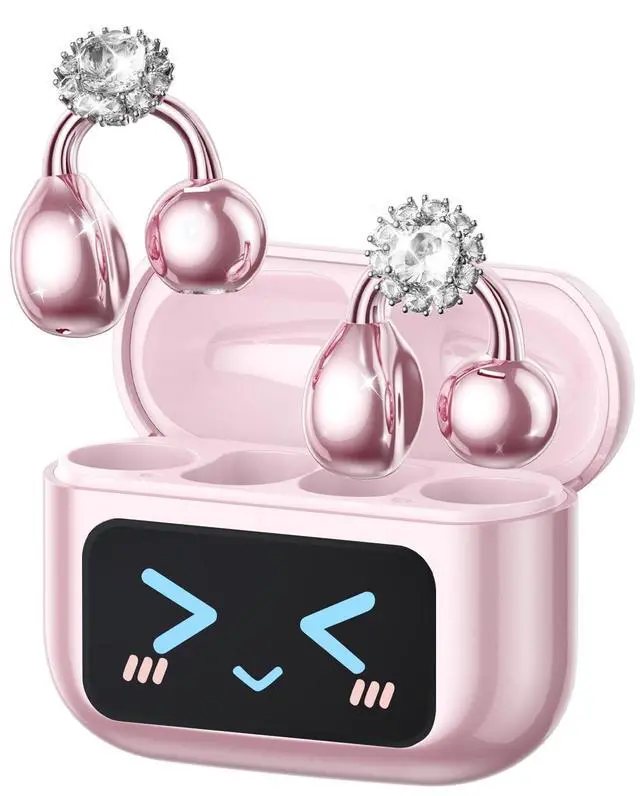Main image of PAXA Stylish Open Ear Clip On Earbuds with Removable Diamond Earring, Clip On Headphones with LCD Touch Screen, Fashionables Open Ear Headphones for Women, Diamond Earring Rose Gold Earbuds M100
