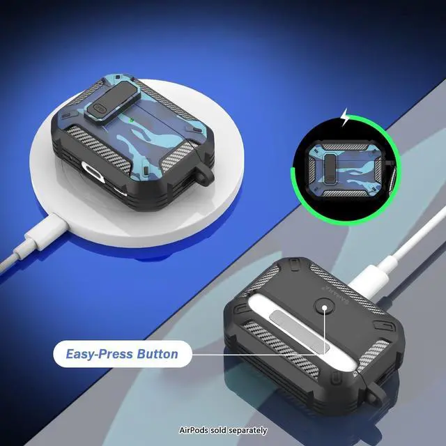 Alt view image 4 of 5 - SaharaCase - AirPods Pro 3 Case - Heavy-Duty, Secure Lock ^^ Raider Series - Carbon Blue - Rugged TPU with Carabiner Clip