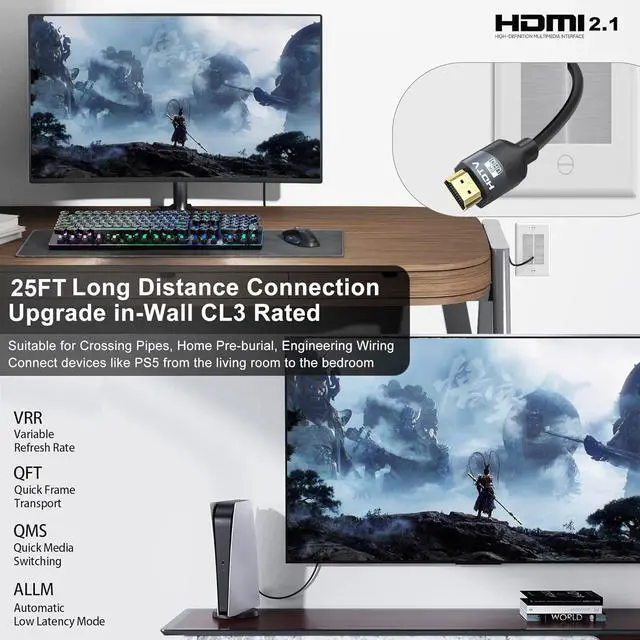 Alt view image 3 of 5 - RyzzRooa HDMI Cable 25 FT, 8K in-Wall CL3 Rated HDMI 2.1 Cord, Support 8K@60Hz, 4K@120Hz, HDR10+, eARC, SBTM, VRR, QFT, ALLM, 3D, HDCP 2.3 for TV, Monitor, Computer, Laptop, PS5/4/3, Xbox, Soundbar
