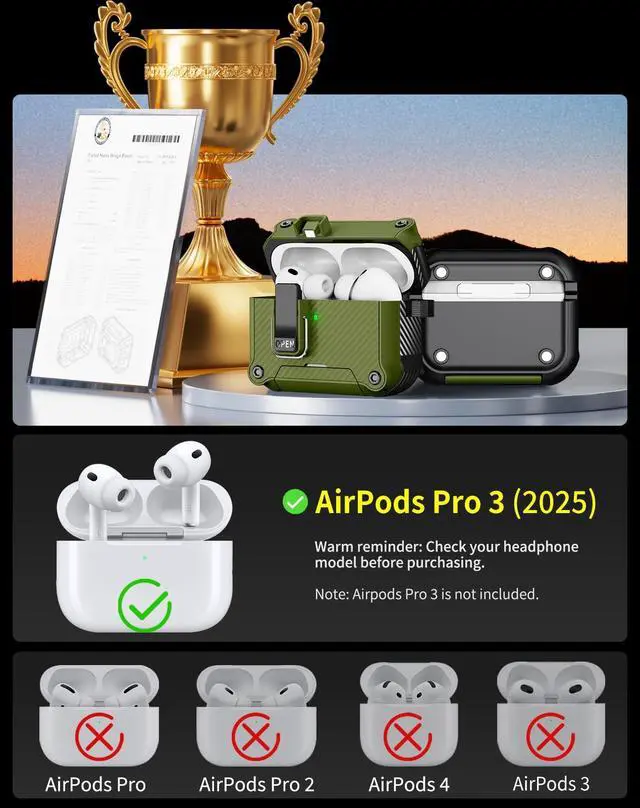 Alt view image 2 of 5 - Pohgelan for AirPods Pro 3 Case with Safety Lock-Dark Green