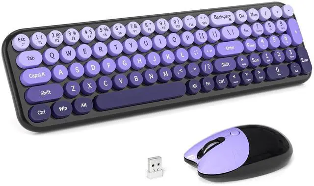 Main image of Wireless Keyboards Mouse Combos, 2.4G USB Cordless Keyboard Mouse Set with Colorful Round Retro Keycaps, Cute Typewriter Full-Size Keyboard for PC Laptop Desktop Computer Home Office-Black Purp
