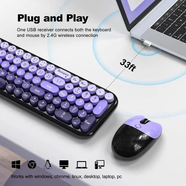 Alt view image 2 of 5 - Wireless Keyboards Mouse Combos, 2.4G USB Cordless Keyboard Mouse Set with Colorful Round Retro Keycaps, Cute Typewriter Full-Size Keyboard for PC Laptop Desktop Computer Home Office-Black Purp