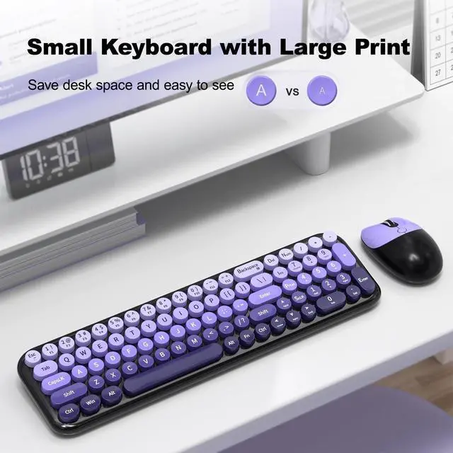 Alt view image 3 of 5 - Wireless Keyboards Mouse Combos, 2.4G USB Cordless Keyboard Mouse Set with Colorful Round Retro Keycaps, Cute Typewriter Full-Size Keyboard for PC Laptop Desktop Computer Home Office-Black Purp