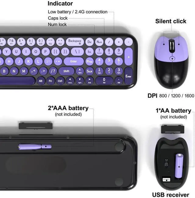 Alt view image 4 of 5 - Wireless Keyboards Mouse Combos, 2.4G USB Cordless Keyboard Mouse Set with Colorful Round Retro Keycaps, Cute Typewriter Full-Size Keyboard for PC Laptop Desktop Computer Home Office-Black Purp