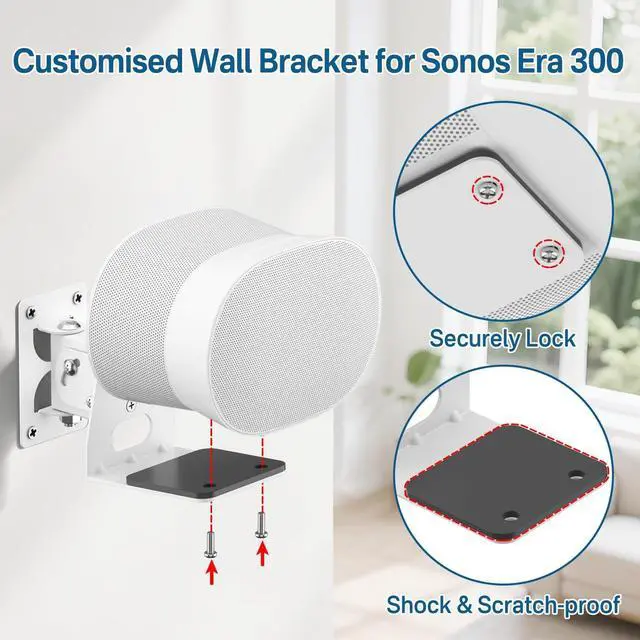 Alt view image 2 of 5 - Chunxiao Speaker Mount for Sonos Era 300 Wall Mount White - Tilt +15/-30 & Swivel 30 Adjustable Wall Bracket for Era 300 Wall Mount with Cable Management for Surround Sound, 2 Pack