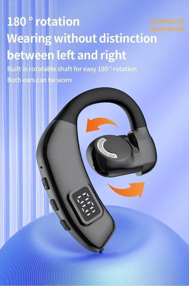 Alt view image 2 of 5 - Single Bluetooth5.4 Phone Earpiece Earbud One Ear Piece 180 Left and Right Ears LED Display Open Ear Bud Air Conduction Earbuds Earless Out of Ear Headphones Wireless Headsets with Microphone E