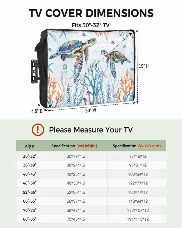 Alt view image 2 of 5 - Ocean Coral Turtle Waterproof Outdoor TV Cover 48-50 Inch Weatherproof, Outside Television Cover TV Screen Protector with Remote Control Pocket, Nautical Exotic Watercolor Starfish