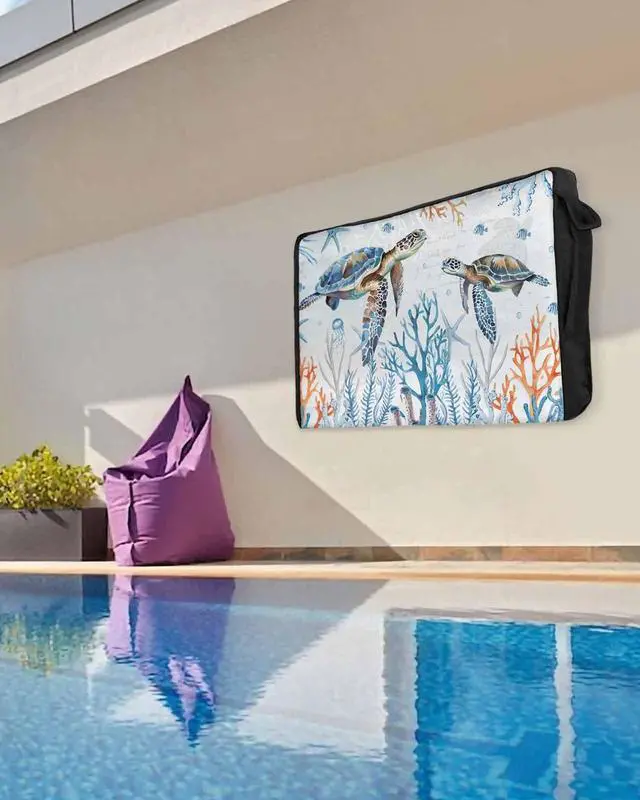 Alt view image 5 of 5 - Ocean Coral Turtle Waterproof Outdoor TV Cover 48-50 Inch Weatherproof, Outside Television Cover TV Screen Protector with Remote Control Pocket, Nautical Exotic Watercolor Starfish