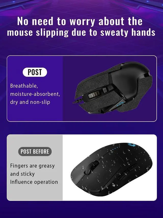 Alt view image 3 of 5 - WUNIAK Anti-Slip Grip Tape for Logitech G502 Wired/Wireless Mouse,Ultra-Thin Sweat-Absorbing Mouse Skin Sticker Set,Washable Reusable Non-Slip Grip for Esports Gaming Control,Black Snowf