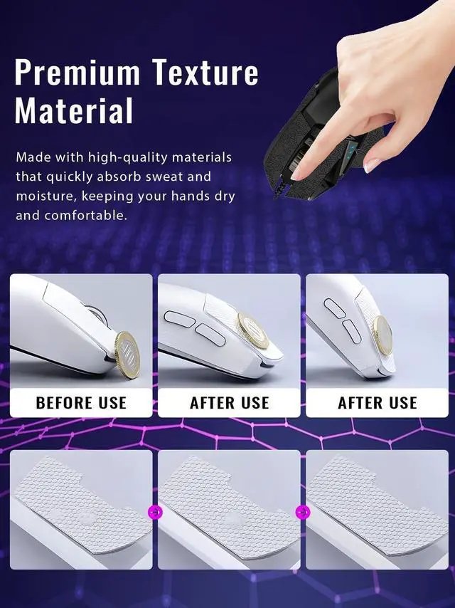 Alt view image 4 of 5 - WUNIAK Anti-Slip Grip Tape for Logitech G502 Wired/Wireless Mouse,Ultra-Thin Sweat-Absorbing Mouse Skin Sticker Set,Washable Reusable Non-Slip Grip for Esports Gaming Control,Black Snowf